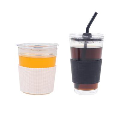 China BRIEF Silicone Sleeve Coffee Tea Milk Borosilicate Glass Cup With Lid And Straw for sale