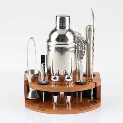 China Durable 12 Pcs Wooden Rack Cocktail Shaker Set Professional Bartender Bar Tools for sale