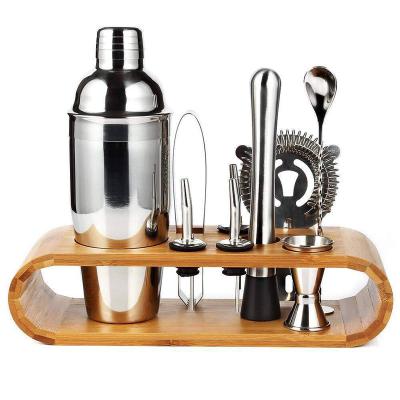 China Durable 9 Pcs Stainless Steel Wooden Rack Stools Cocktail Shaker Set Bar Accessories for sale