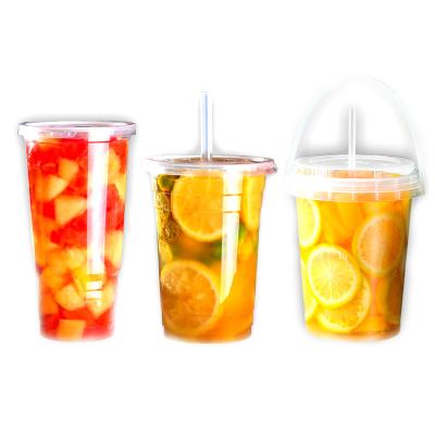 China Custom Single Wall Fruit Deli Printing Logo Handle Clear Transparent Ice Smoothie Drinking 1000ml 32oz Disposable Plastic Cups for sale