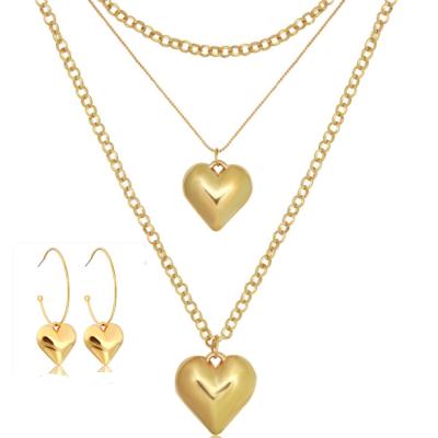 China High Quality Heart Cuban Link Chain and Circle Earring Set Pendant Necklace Jewelry Layering Set for Girls Women Wedding Party Christmas Gift for sale