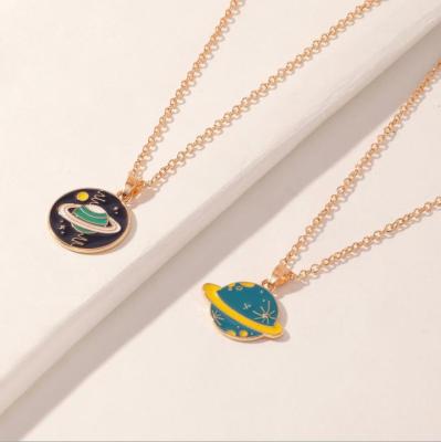 China Creative Cute 14K Planet Couples Necklace Set Tasty Enamel Planet Colorful Pendant Necklace Gift Chain Jewelry For Couples Friends for sale