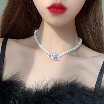 China Elegant Full Diamond Cross Planet Pendant Pearl Necklace Fashion Gift Jewelry CLASSIC Luxury Pearl Necklace For Women Girls for sale