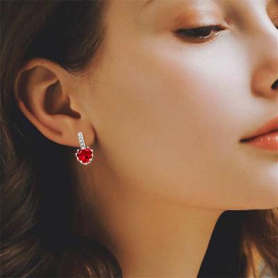 China LUXURY Wedding Heart Charm Ruby Gold Plated Crystal Cubic Red Lever Gemstone Zircon Birthstone Jewelry Back Earring For Women for sale