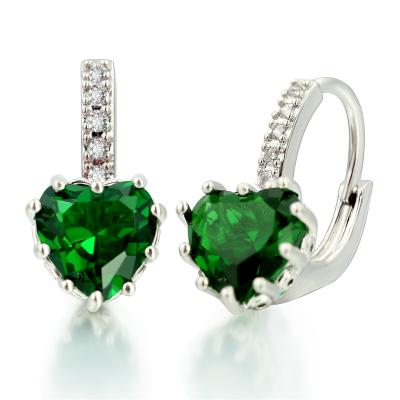 China LUXURY Gemstone Wedding Party Silver Plated Emerald Green Cubic Zircon Gemstone Lever Heart Shape Back Earring Jewelry For Women for sale