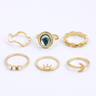 China New Arrival Handmade Fashion Beach Moon Star Shell Water Wave Gemstone Pearl Minimalist Blue Oval Rings Set For Women for sale