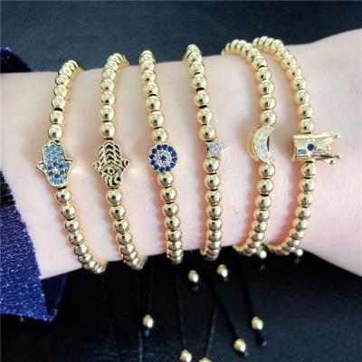 China Vintage 14K Gold Fashion Metal Ball Adjustable Bracelet Beaded Braided Bracelets With Zircon Moon Star Hand Crown Pendant Fine Jewelry for sale