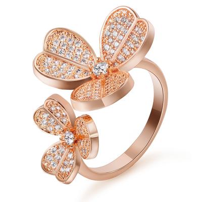 China Romantic Clover Ring Rose Gold Adjustable Size Engagement bands or rings wedding gold plated silver plated crystal BRASS WOMEN'S party for sale