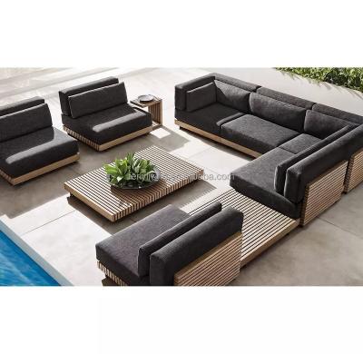 China Contemporary Modern All Weather Luxury Outdoor Patio Hotel Sets Sofa Couch Wood Teak Solid Wooden Armchair Garden Sofa Modular Sofa Set for sale