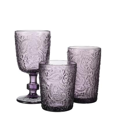 China Embossed Pattern Glass Cup Customized Violet Colored Tumbler Old Fashioned Wine Glass Single Head Pressed Glass Set for sale