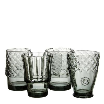 China BREF Gray Colored Drinking Glassware Old Pressed Handmade Shaped Glass Whiskey Glass Set Wine Glass Set for sale