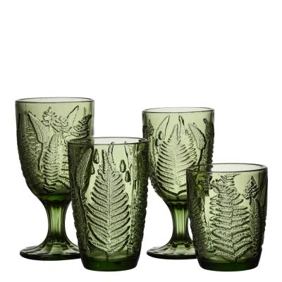 China Modern Items Wholesale Custom Embossed Pattern Wine Glassware Embossed Custom Glassware Cup Pressed Glass Set for sale