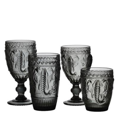 China China Manufacturers Wholesale Clear Goblet Wine Glass Cup Handmade Pressed Embossed Drinking Glass Set for sale