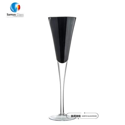 China Samyo BRIEF Hand Blown Open Mouth Black Glass Champagne Flute Champagne Glass Color for sale