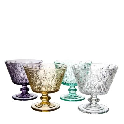 China Customized Multi Embossed Glass Ice Cream Cups Traditional Customized Lavender Pattern Color Glass Bowl Ice Cream Cups Dessert Cups for sale