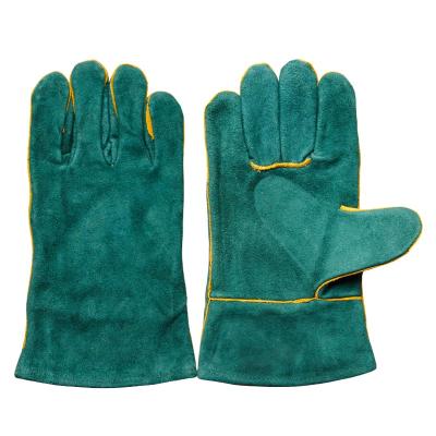 China Dark Green 11 Inch Welding Cow Split Leather Welding Gloves Anti-Slip Short Cuffs Heat Resistant for sale