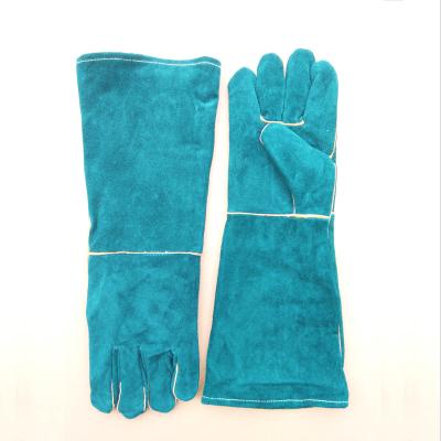 China Dark Green 18 Inch Welding Cow Split Leather Welding Gloves Anti-Slip Welding Gloves Short Slap Kevlar Heat Resistant Wire for sale