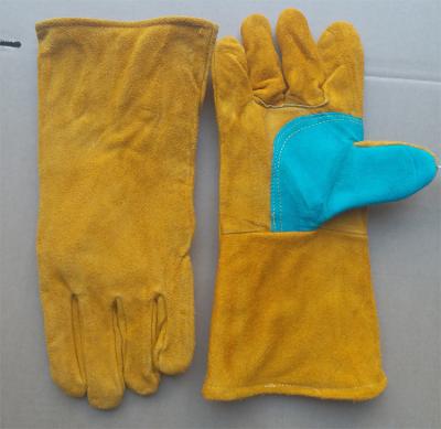 China Yellow 14 Inch Welding Cow Split Leather Welding Gloves Anti-Slip Welding Gloves Heat Resistant With Green Reinforcement At Palm for sale