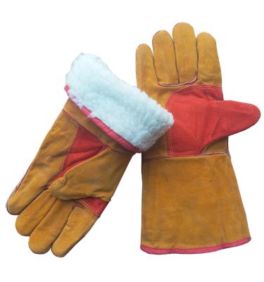 China Yellow 14 Inch Welding Cow Split Leather Welding Gloves Short Cuffs Heat Resistant With Palm Boa Fur Lining Winter Reinforcement for sale