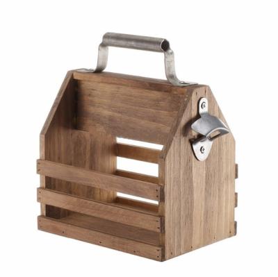 China Wood Customized High Quality Wooden Beer Bottle Carrier With Opener for sale