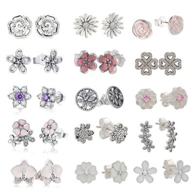 China 2022 Real 925 Sterling Silver Romantic Women Pendiente Sparkling Crystal Daisy Flower Stud Earrings For Fit Original Earrings Jewelry for sale