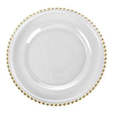 China Stocked Gold Beaded Rim Glass Charger Plates 13 Inch Charger Plates Glass For Wedding Christmas Events Party Dinner Glass Under Plates for sale