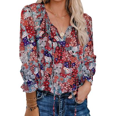 China New Arrivals Light Weight Breathable Causal Floral Drawstring Loose Boho Chiffon Chiffon Shirt Tops For Women for sale