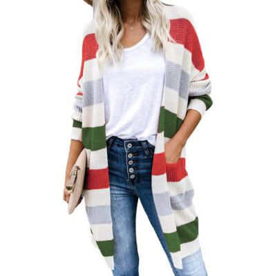 China 2021 Breathable New Fashion Autumn Winter Multi Color Block Varied Stripe Knit Cardigan for sale