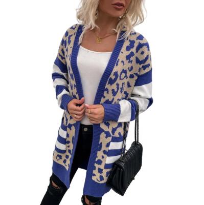 China 2021 New Breathable Fashion Autumn Winter Long Sleeve Leopard Color Block Pocket Knit Cardigan for sale