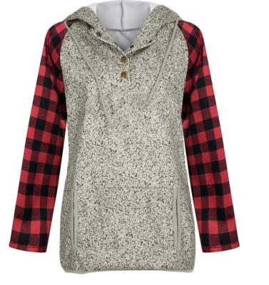 China New Arrival Autumn Winter Breathable Raglan Sleeve Button Neck Plaid Splicing Pocketed Women Hoodie for sale