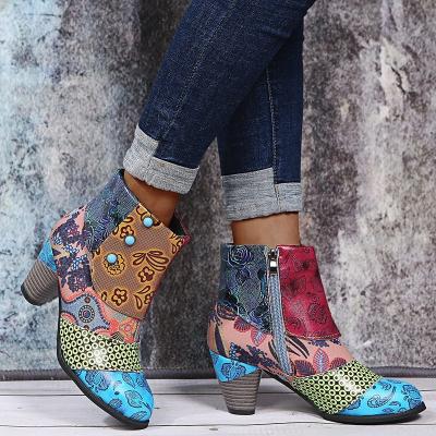 China High Quality Genuine Round Toe Martin Women Leather Shoes Matching Chunky Heel Ankle Boots for sale