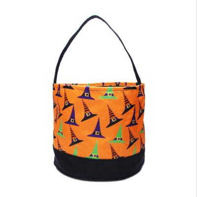 China Hot Fashion Halloween Candy Hat Printing Canvas High Capacity Basket Party Decorative Bucket Bag for sale