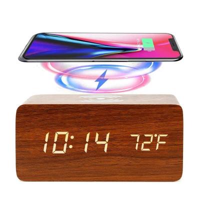 China LUMINOVA Factory Direct Wooden Digital Desk Clock With Wireless Charger Modern Desk Clock for sale