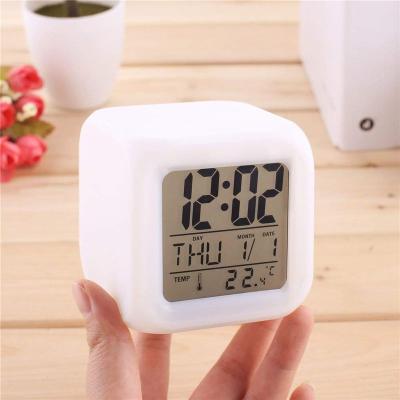 China Mini Cube Led Digital Alarm Multifunctional Clock Change Color Logo Printing Flat Mini Class Alarm Clock for sale