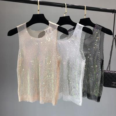 China 2023 Summer New Summer Shiny Super Fairy Shining Shi Shi Diamond Vest Thin T-shirt Hot Diamond Blingbling Mesh ShirtRhinestone Breathable Goddess for sale