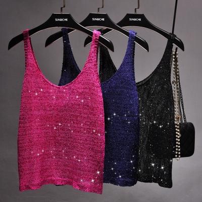 China Breathable spring and summer of 2023 new V-neck Condole belt knit sequined vest outside sleeveless joker T-shirt top for sale