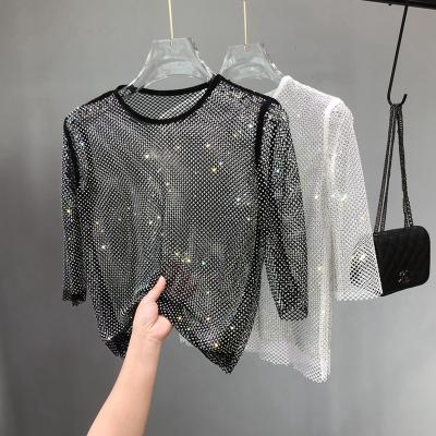 China 2023 breathable new European and American Mesh Crystal Top Diamond Party Bright cut T-shirt club singer shiny women wear for sale