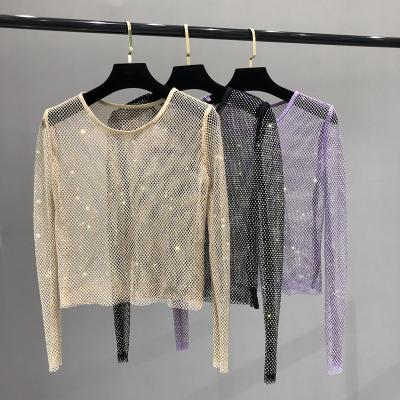 China Women'stop Shiny Hollow Net Shirt Summer Breathable Luminous Rhinestone Diamond Sexy Mesh Perspective Bright Diamond Slim Fit Bottoming Shirt for sale