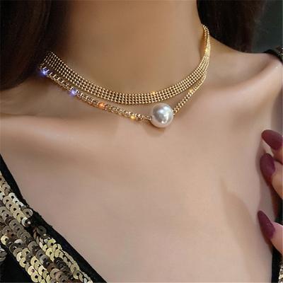 China Environmentally Friendly Big Pearl Necklace Full Rhinestone Clavicle Chain Necklace Korean Layered Double Pendant Personality Necklace for sale