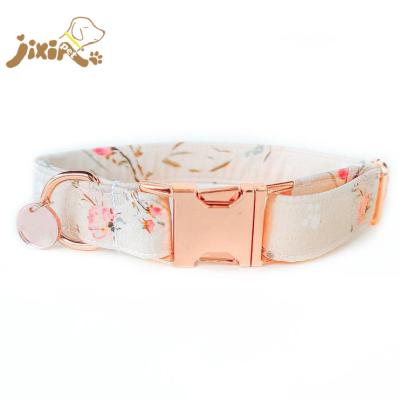 China Flower Pattern Padded Cotton Fabric Dog Collar With Strong Metal Hardare for sale