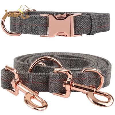 China Padded Heavy Duty Dark Gray Tweed Fabric Dog Collar Leash Set for sale