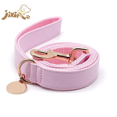 China Personalized 150cm Pink Leather Dog Leash with Metal Hardwares for sale