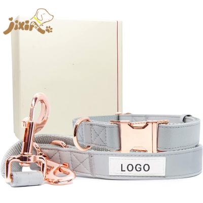 China DETACHED Dog Collar Adjustable Leather Leash Set with Rose Gold Metal Buckles for sale