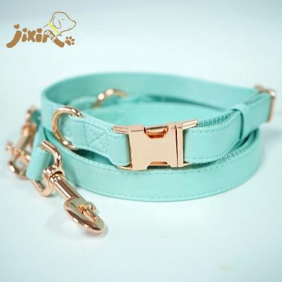 China Stylish Leather Padded Mint Green Dog Collar Leash for sale