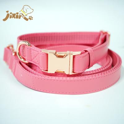 China Padded Red Stylish Leather Dog Collar Leash With Durable Metal Buckles for sale