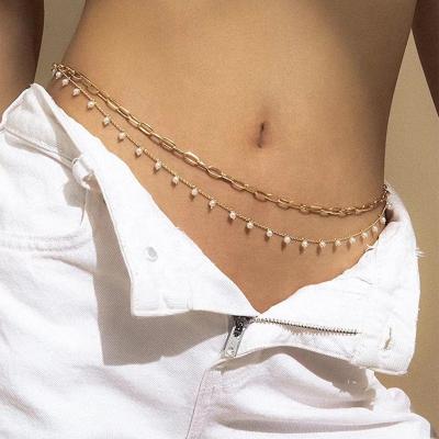 China Fashion Decoractive Fashion Imitation Pearl Tassel Double Waist Chain Women's Sexy Beach Gold Plated Belly Chain Jewelry Accessories for sale