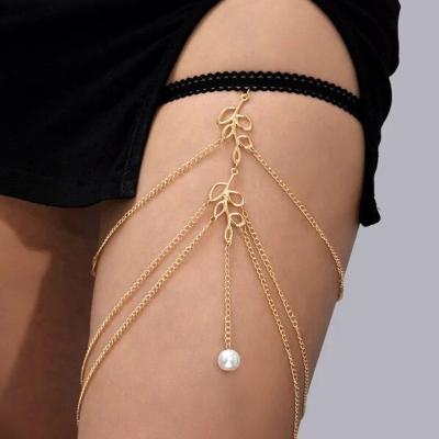 China FASHIONABLE Sexy Elastic Rope Thigh Chain Leaf Multilayer Design With Pearl Leg Chain Women Body Chain Pendant Jewelry for sale