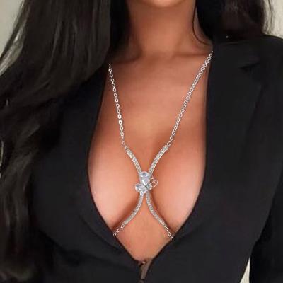 China European and American female luxury hot sale body chain sexy chest chain accessories zircon shape fashion chest chain accessories butterfly chain for sale