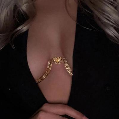 China Fashion butterfly women delicate chest bracket bras chain body jewelry sexy rhinestone bra harness lingerie butterfly body chain for sale