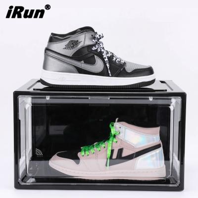 China Irun Front Magnetic Sneaker Shoe Show Transparent Stackable Box Shoe Storage Collapsible Large Size Viable Plastic Storage Containers for sale